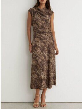 REISS Camie Midi Dress Brown Print Animal Print Draped-Detail Printed